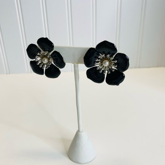 Jewelry - Black Enamel Earrings Pearl Center 1.5" diameter